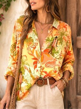 Rachel Zoe Exotic Palm & Cheetah Print Blouse – Summer Chic Size L